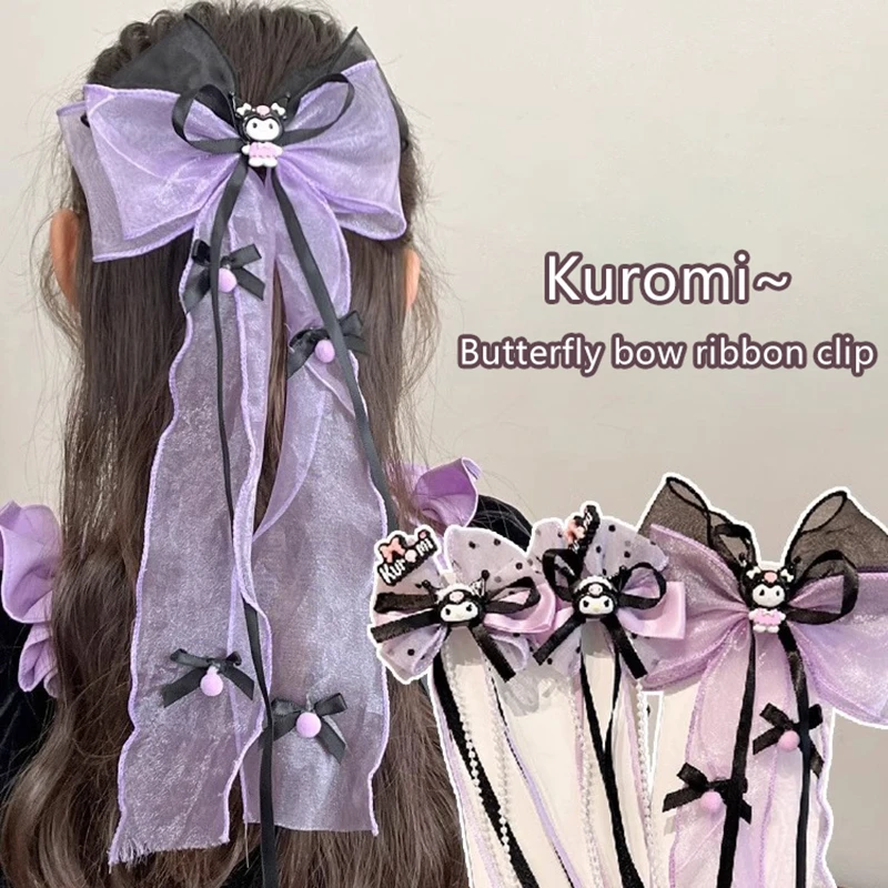 1/2Pcs Cartoon Kawaii Kuromi Bow Hair Clip For Women Girls Sweet Versatile Ribbon Hair Clip Fashion Cute Hair Accessories Gifts