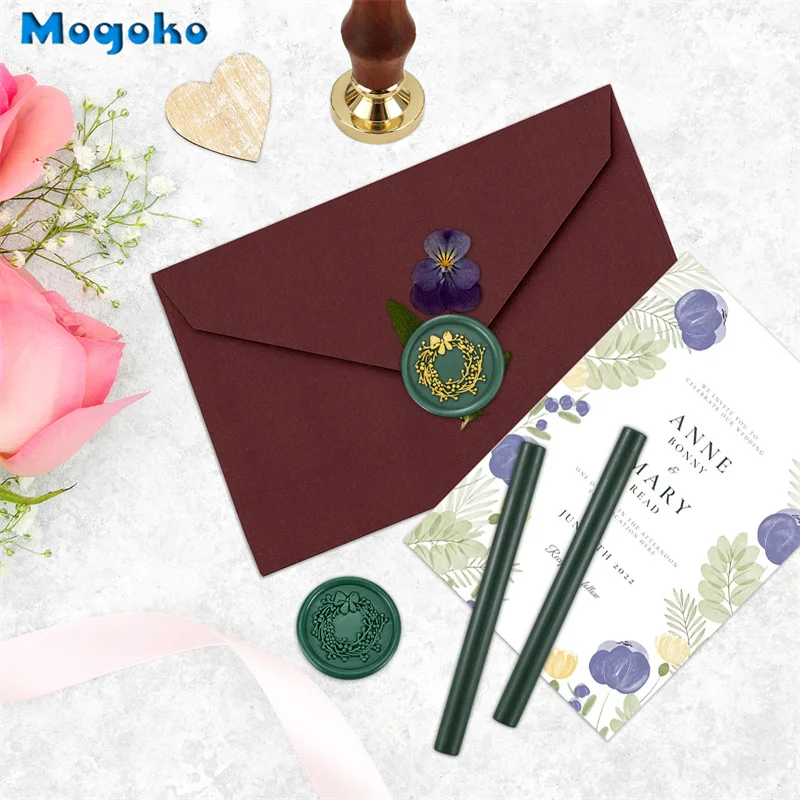 Mogoko 10 Pcs Sealing Wax Stick No Cord Wicks and 1 Pc Wax Seal Stamp and 1 Pc Wax Seal Gold Color Pen Set