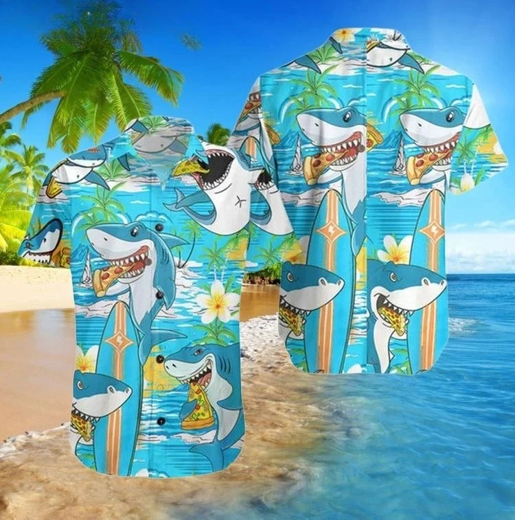 Summer Shark Hawaiian Shirt Men and Women Summer Beach Shirt Shark Short Sleeve Button Shirt Tropical Beach Party Top