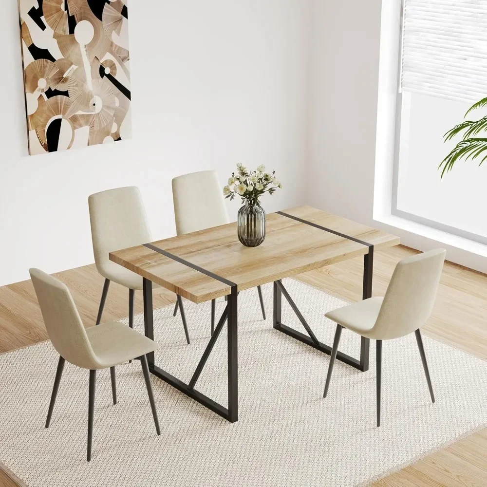 

Modern Dining Table Set for 4,Rectangular Solid Wood Dining Table for 4 People,Metal Base and Legs,Suitable for Living Room,Dini