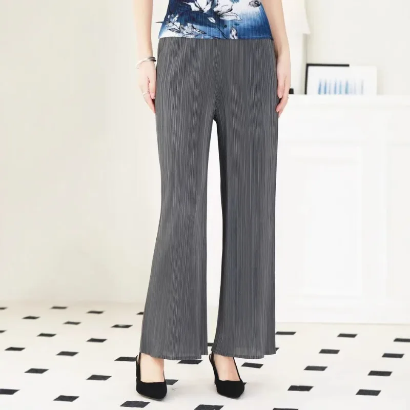 

Pleated Design Women's Simple Black Wide-legged Pants Miyake Summer New Elastic Elastic Waist Loose Casual Straight Long Pants