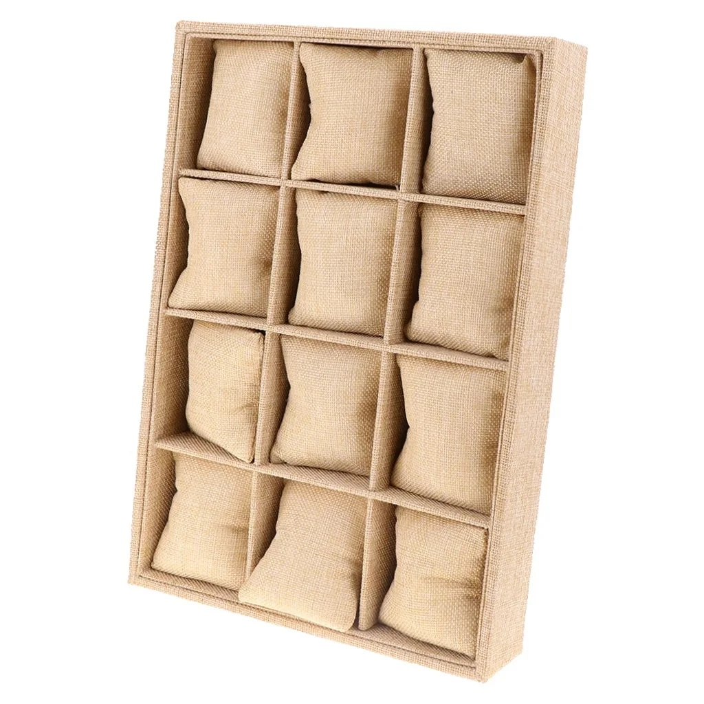 Watch Display Storage Box Case 12 Grids Multi-Functional Bracelet Watches Display Casket Watches Holder Casket Beige