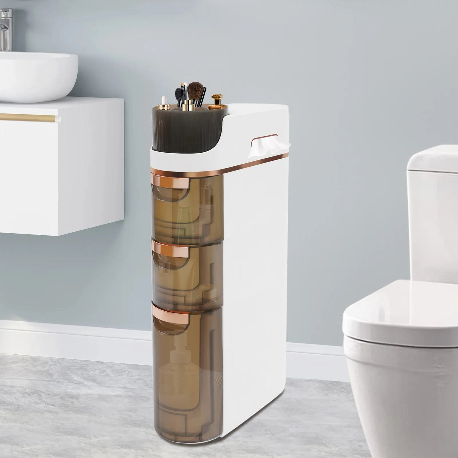 

Современный 3-х ярусный тонкий шкаф для хранения вещей в ванной комнате 7,09*16,14*29,33 дюйма с 3 ящиками, шкаф из полипропилена