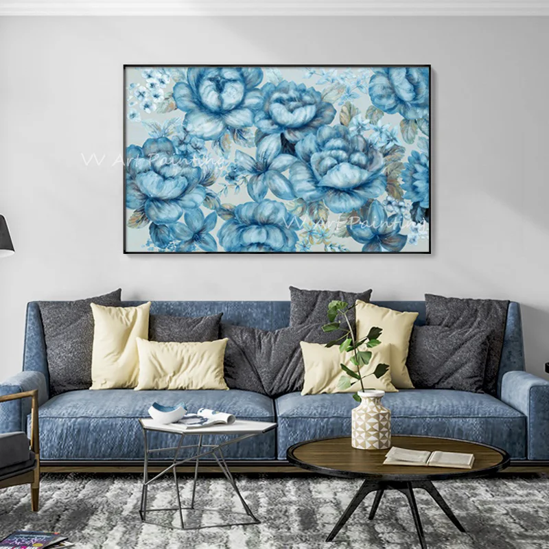 Horizontal Handmade Botanical Oil Painting, Palette Knife Blue Peony Art, Large Bloom Textured Canvas Wall Decor
