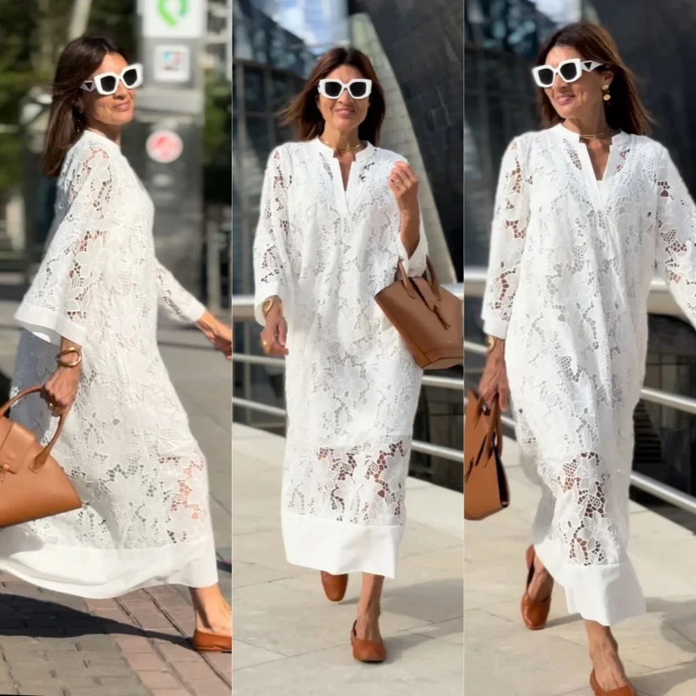 

White Embroidery Jacquard Lace Crochet Dress Women Spring Sexy V Neck Hollow Party Dress New Autumn Flare Sleeve Boho Long Dress