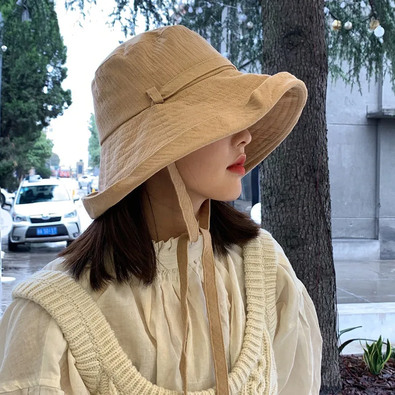 Spring Summer Tie Bucket Hat Women Korean Version Big Brim Fisherman Hat Foldable Sunshade Sunscreen Cotton Beach Hat Ladies