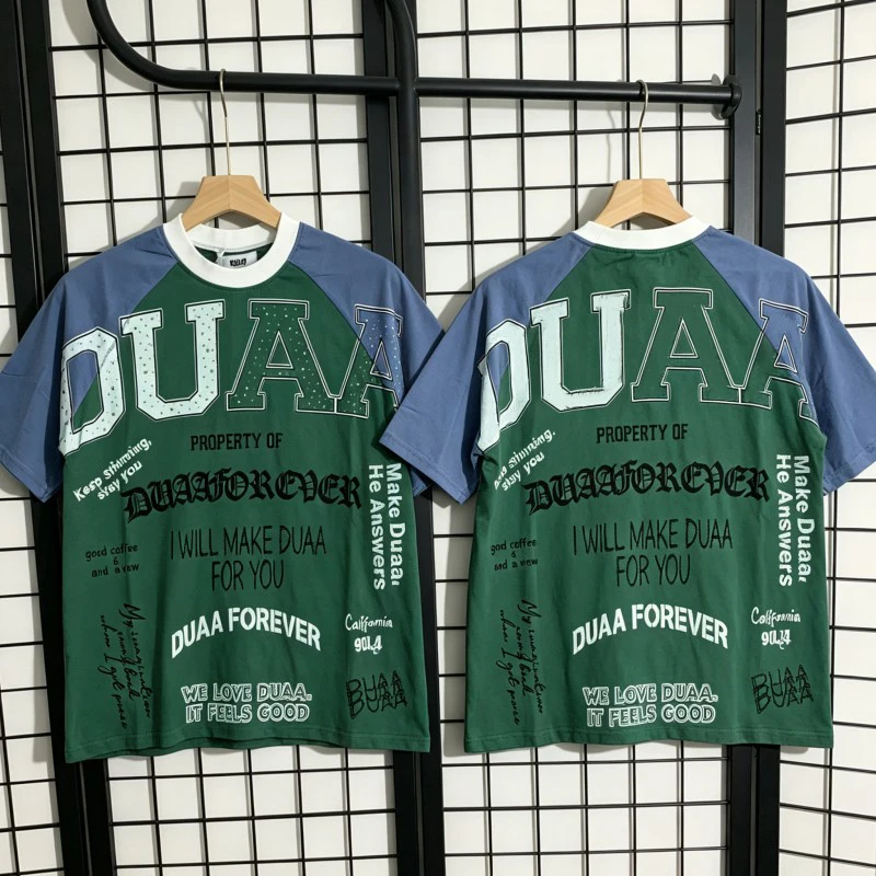 Summer Blue Green Patchwork Contrasting Colors Hotfix Rhinestone Letter DUAA Tshirts Retro Round Neck Short Sleeve Men Women
