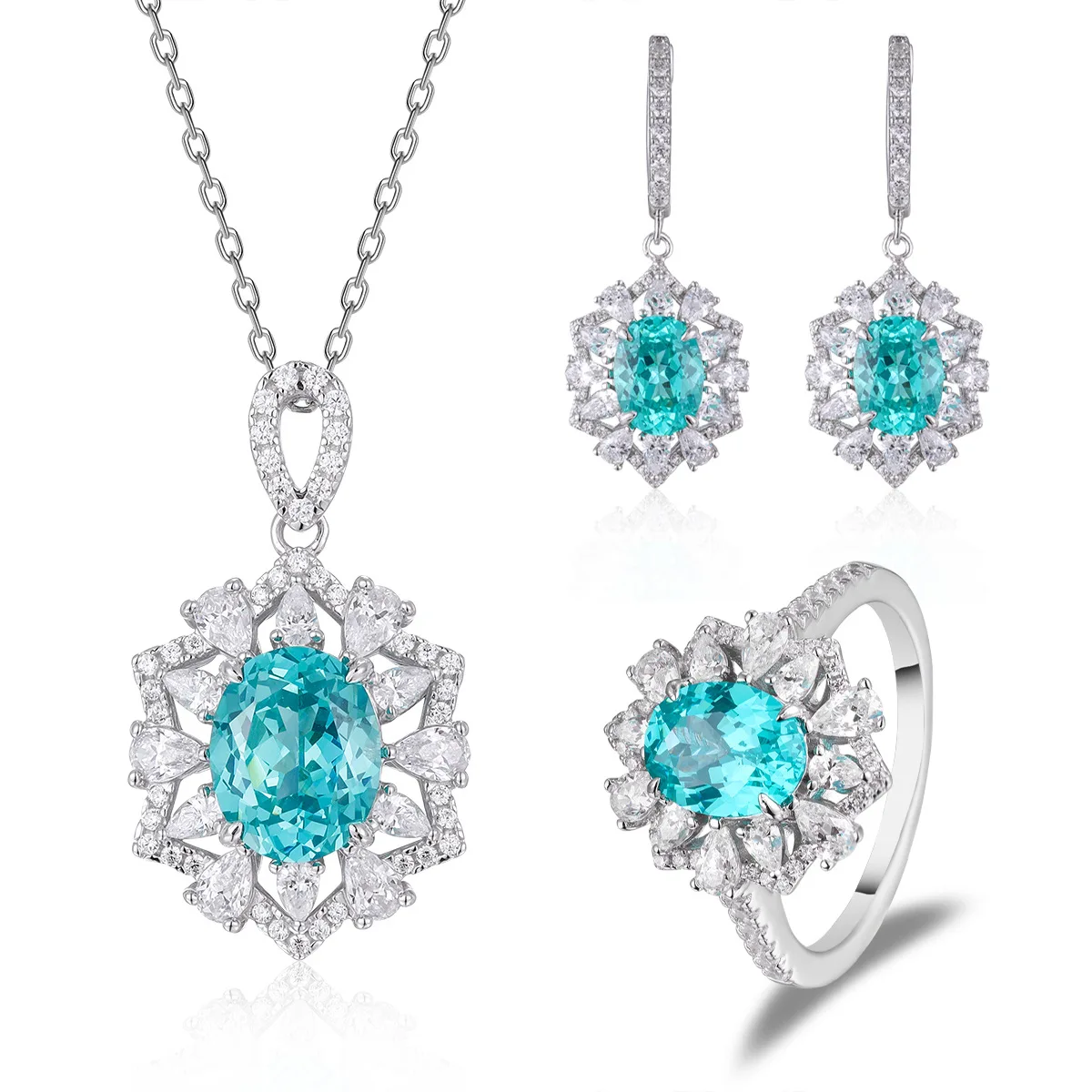LinkerLove Oval Cut Paraiba Earrings Necklace Cocktail Ring 925 Silver October Birthstone Gemstone Jewelry Set for Women Gift - view 6