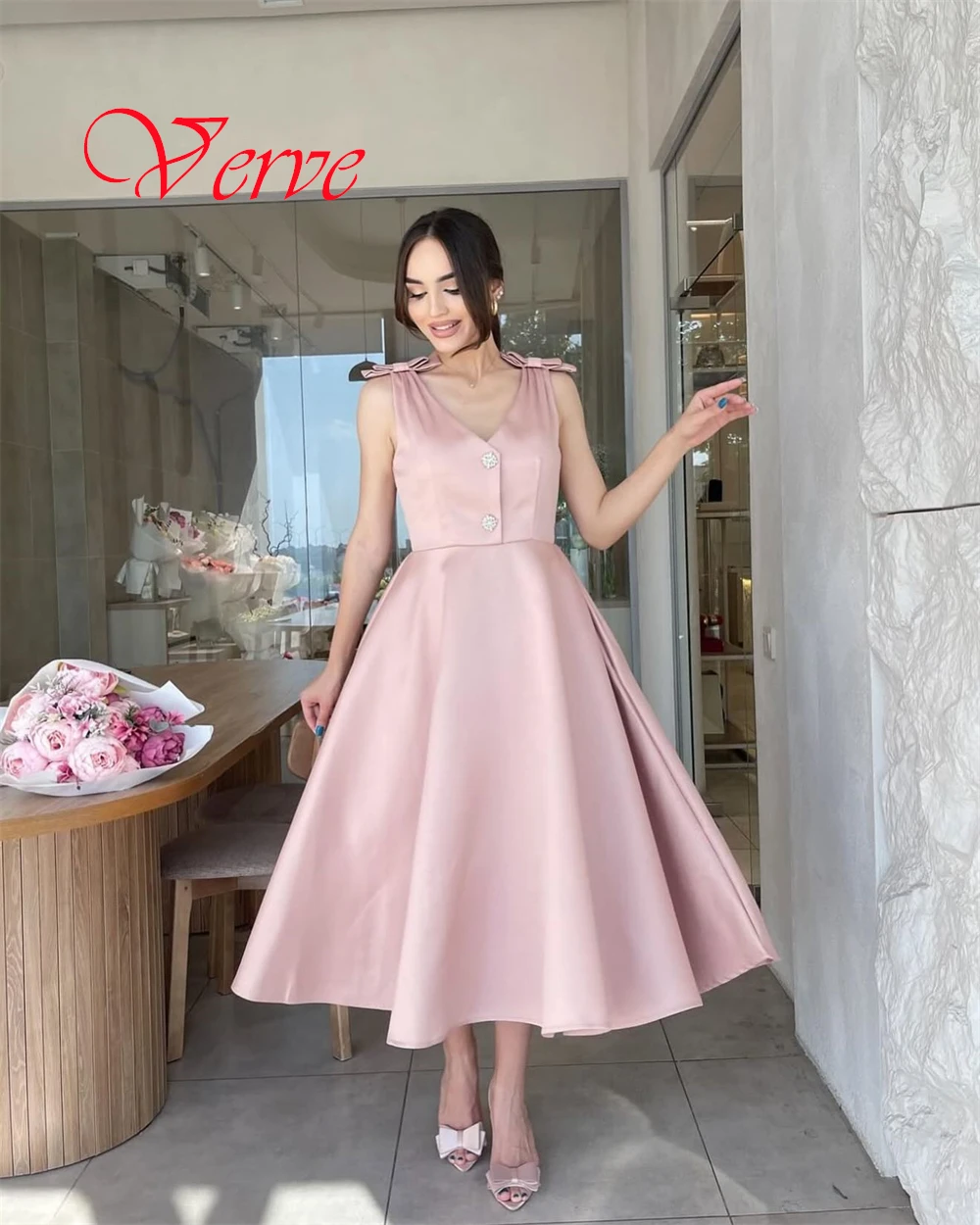 Customized High Quality Pink Jersey Evening Dress Exquisite V-Neck Butterfly Sleeves Sleeveless Crystal Special Occasion Gowns