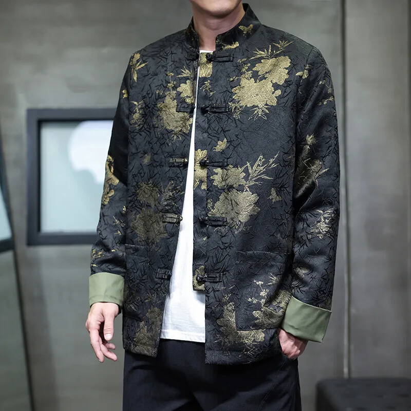 

New Chinese Sle Men's Long Sve Jaet Autumn Winter Print Large Size Hanfu Outerwear Tang Costume Stand Collar Button up