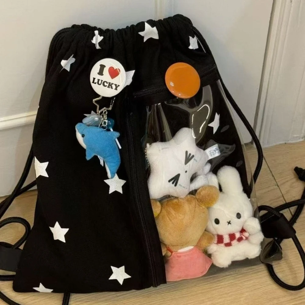 Y2K Drawstring Canvas Backpack Transparent Pockets Pain-Free Bag Large Capacity Star Print Storage Bag Lightweight Commuting Bag