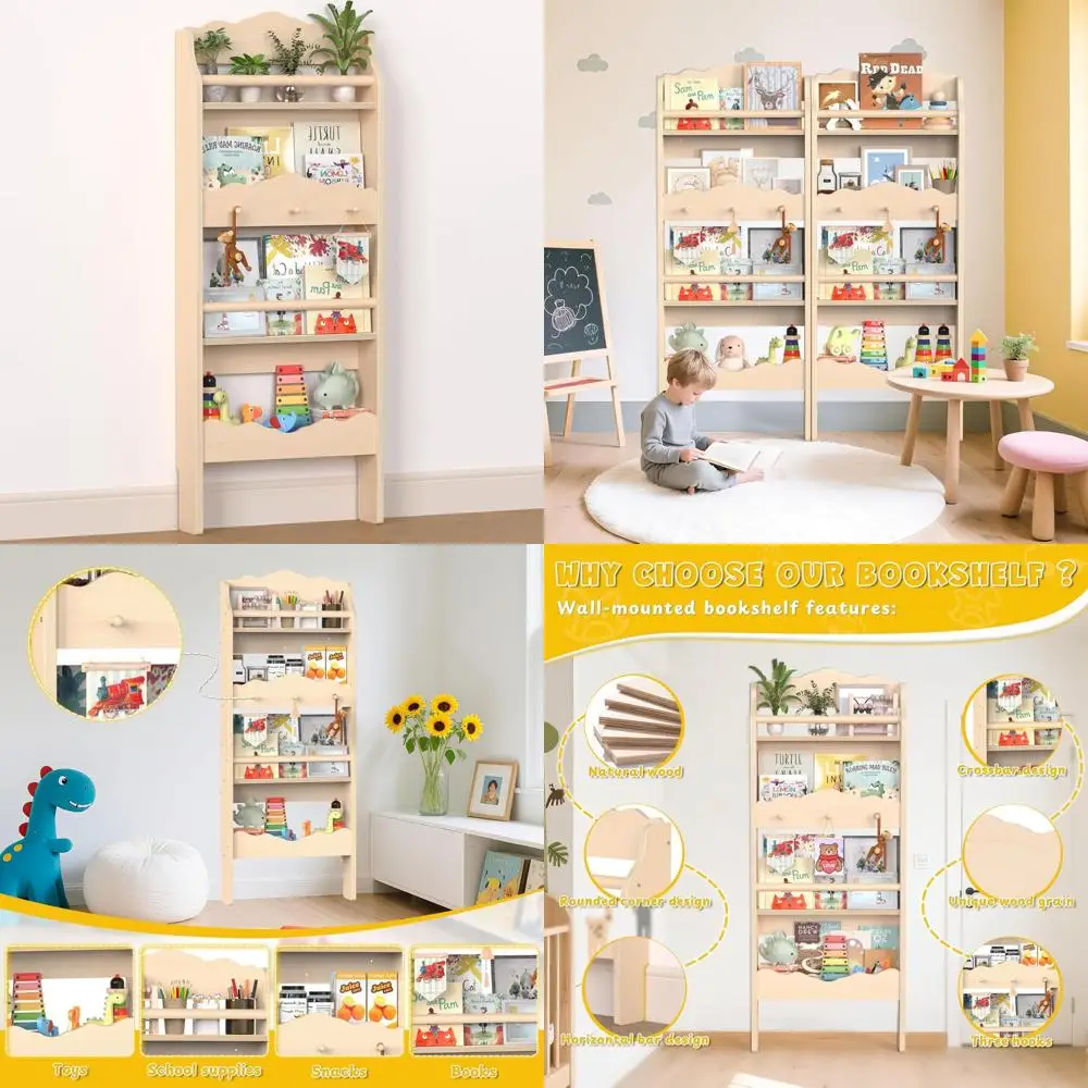 

4-уровневая настенная книжная полка из березового дерева для детской комнаты с крючками, плавающий органайзер для детских подвесных книг