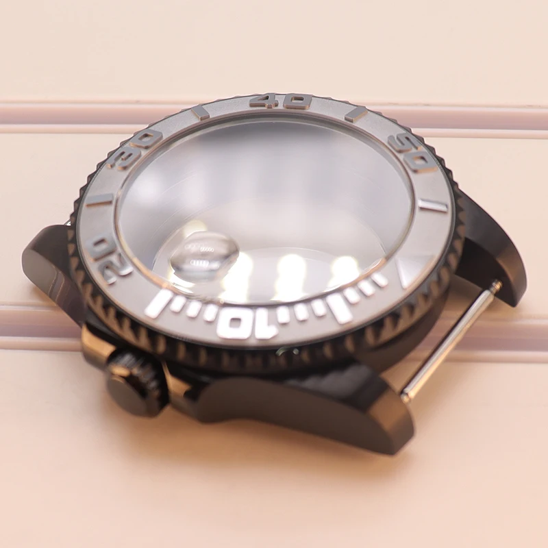 Schwarzes 40mm Herren-Uhrengehäuse mit Saphirglas und schwarzer Yacht-Lünette für Seiko nh35 nh34 NH36 NH38 Eta2824 Miyota8215 Uhrwerk 28,5mm Zifferblatt – Detail 9