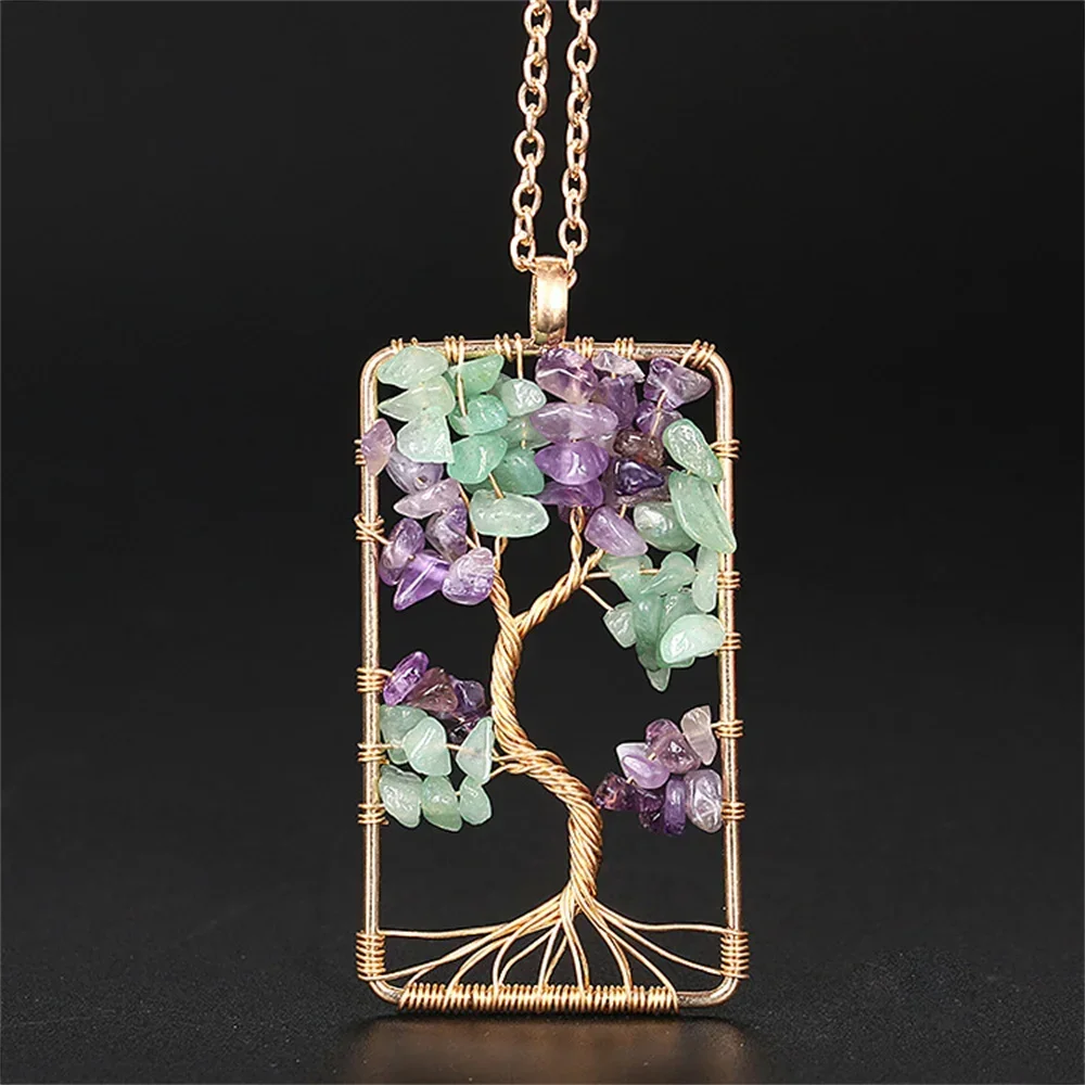 Natural Amethyst Jade Stone Square Tree of Life Lucky Pendant for Woman Handmade Crystal Reiki Healing Amulet Necklace Jewelry