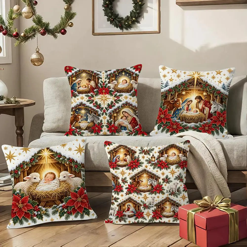 Christmas  Nativity Cushion Cover 1/4Pcs Soft Plush Throw Pillow Cover Double-Sided Print Sofa Living Room Decor