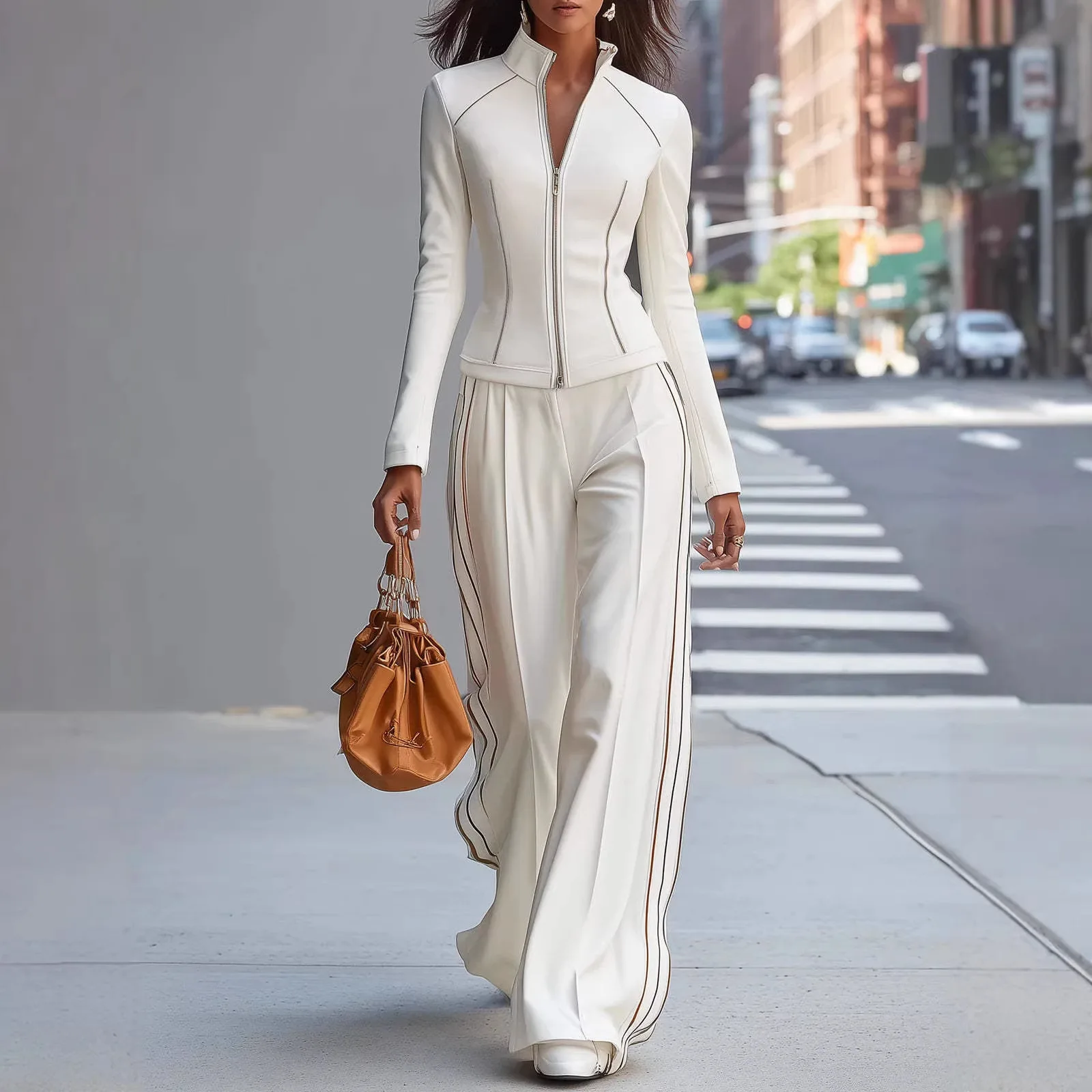 

Women’s 2 Piece Set Zip Up Stand Collar Slim Fit Top High Waist Wide Leg Pants Casual Office Streetwear Outfit for Women