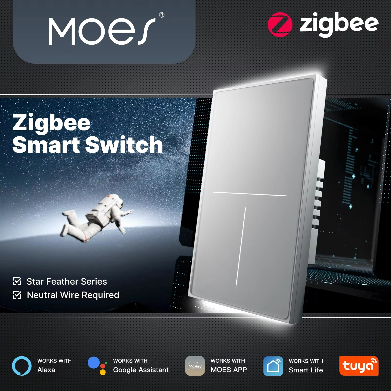 

MOES Tuya ZigBee Star Feather Switch EU Smart Air Touch с нейтральным светом Scene 2in1 APP Дистанционное управление с Alexa Google Home