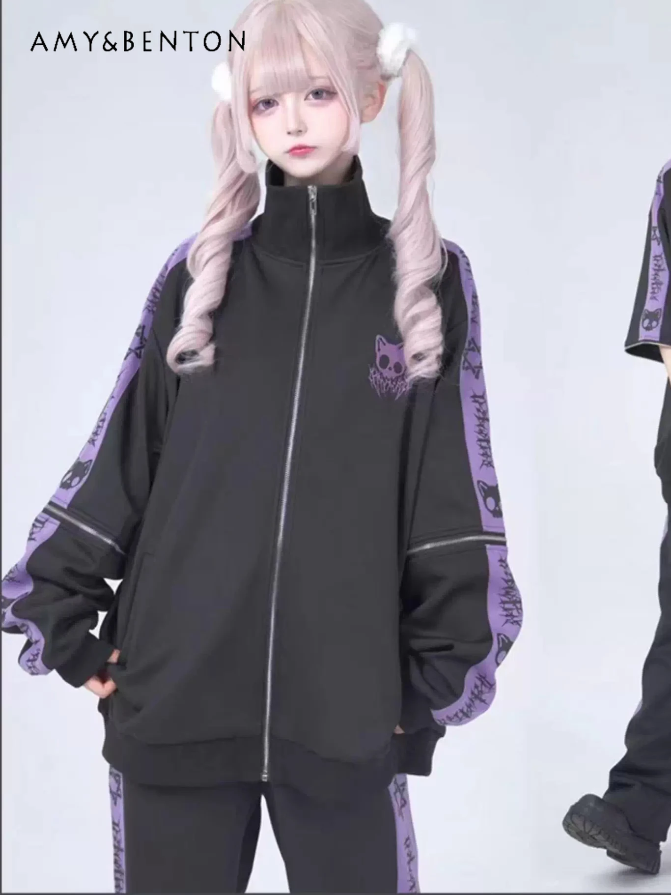 Setelan Dua Potong Wanita Bergaya Anime Jepang Asli, Subkultur Gothic, Jaket Oversize Lengan Lepas Pasang, Celana Kasual, Patchwork