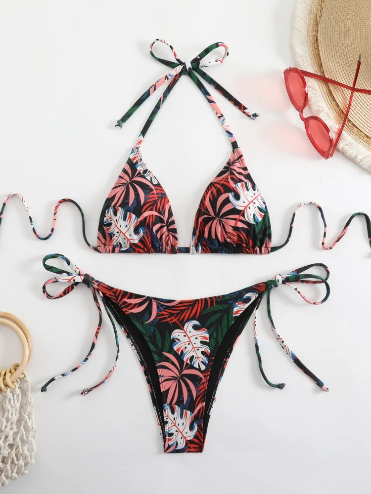 

Bikini Women Swimsuit 2025 New Red Print Halter Bikinis Set Sexy Lace Up Swimwear Summer Two Piece Beachwear Bathing Suit Female