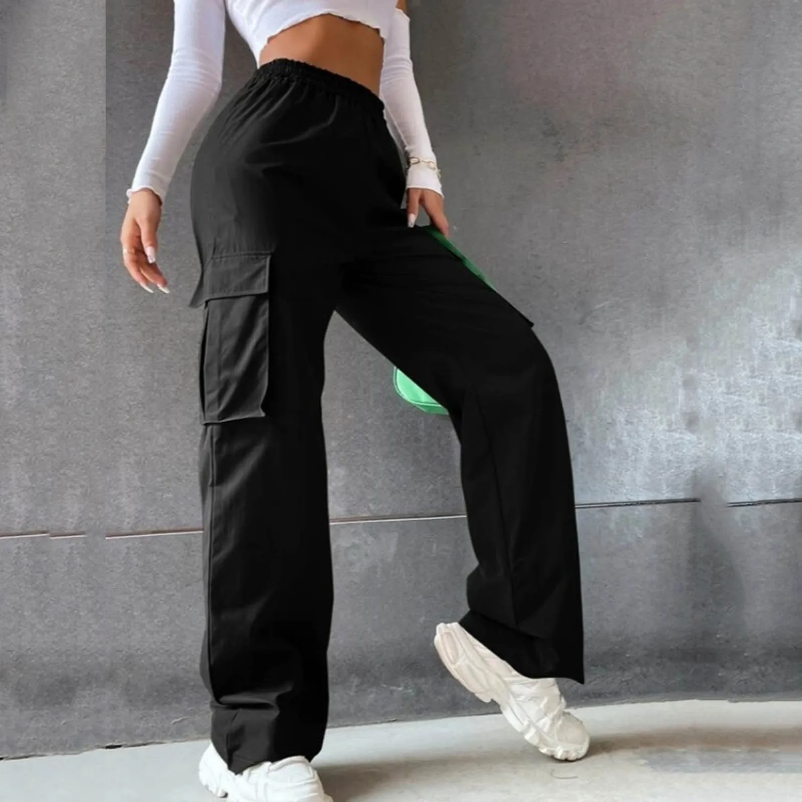 

Women's Cargo Pants High Waisted Wide Leg Relaxed Style Casual Straight Korean Streetwear Elastic Joggers Sweatpants Trousers