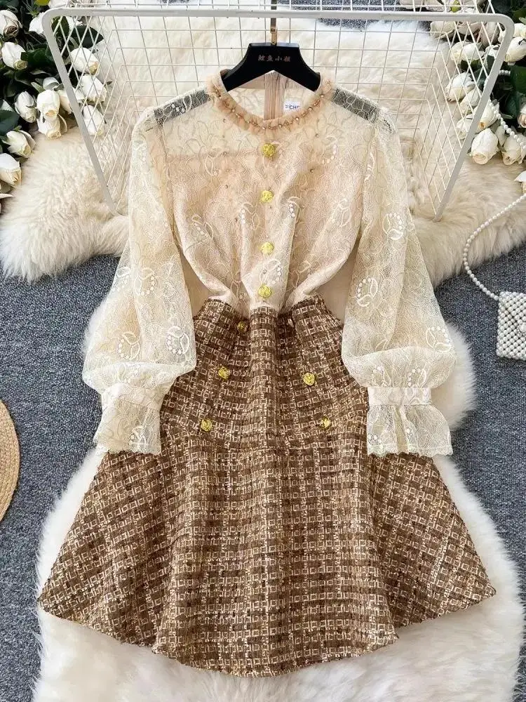 Spring Autumn Elegant Flower Embroidery Lace Stitching Tweed Golden Buttons Plaid Long Sleeve Nail Beading O Neck A-Line Dresses