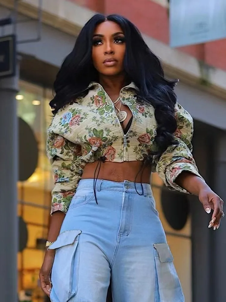 

Women's Clothing Navel-baring Printed Long-sleeved Jacket Temperament Simple Style Vintage Vestes Femmes Zipper Lapel Outerwears