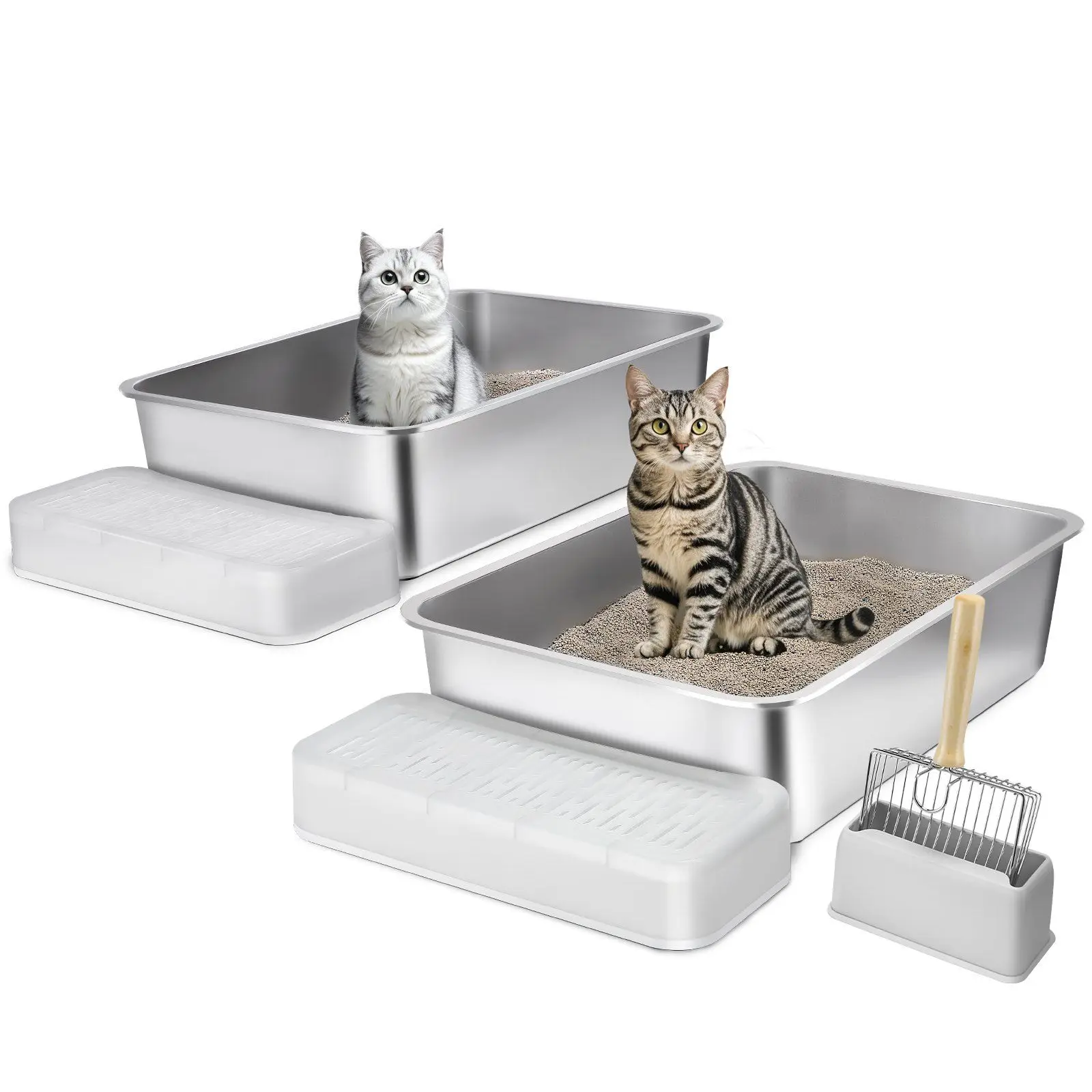 

Stainless Steel Multi-Cat Litter Box–2-Pack XL Trays,High Walls & Footboard,Odor-Proof & Easy Clean,Non-Slip Design for Big Cats