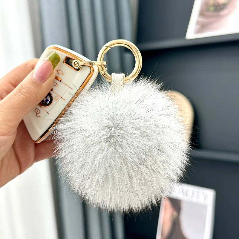 MPPM 11cm Fluffy Real Fox Fur Pompoms Keychain for Women Luxury Pompom Keyring Accessories Fur Bag Charm Jewelry Gifts