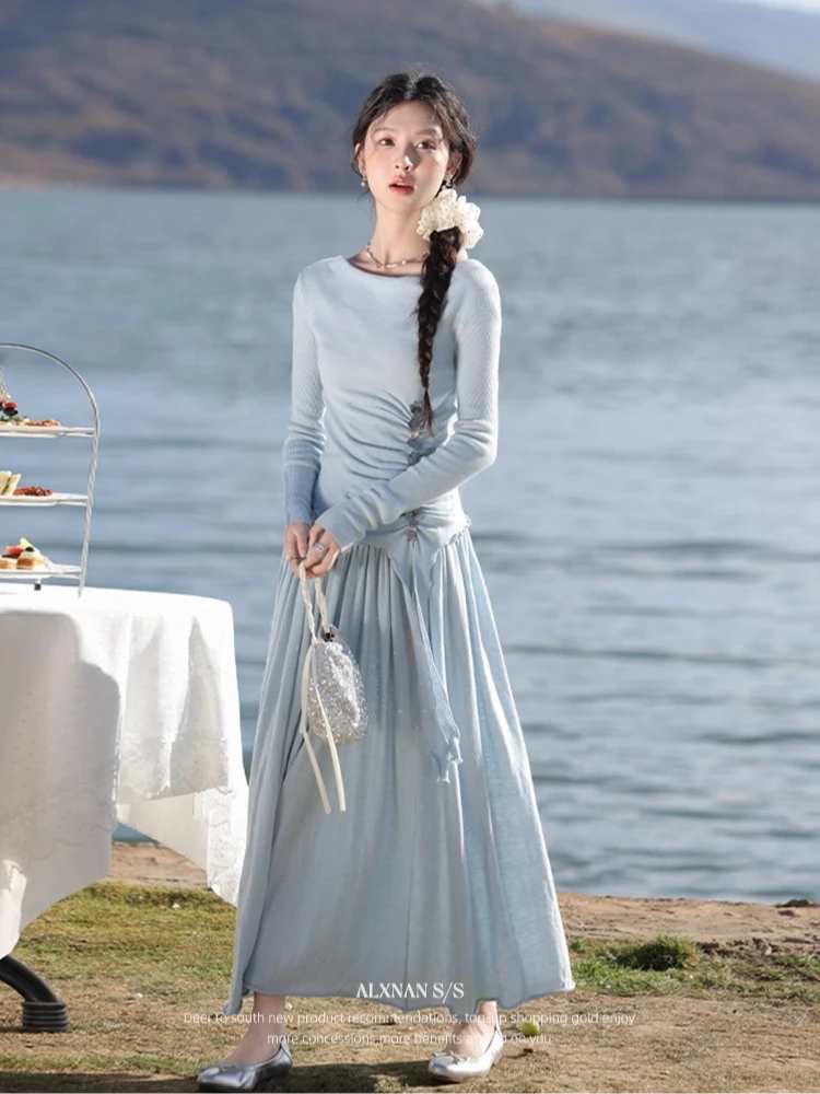 

ALXNAN Women's Skirt Blue Loose-fit Elastic Waist Long Elegant Skirt 2025 Autumn Casual High-waist Female Clothing L529166BSQ