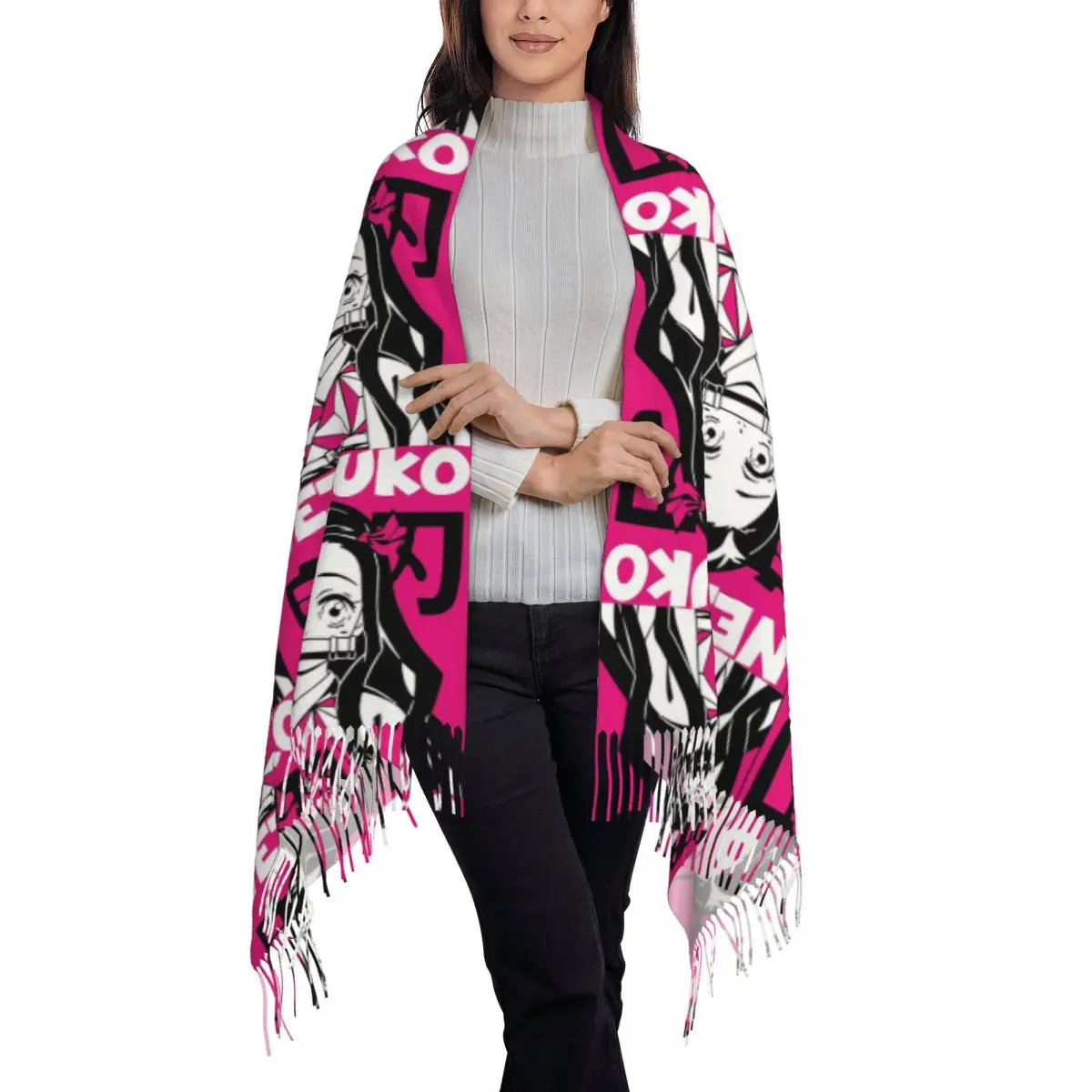 Demon Slayer Nezuko Tanjirou Inosuke Scarf Tassel Scarves Women Soft Warm Shawls and Wraps Large Fall Winter Shawl Wrap