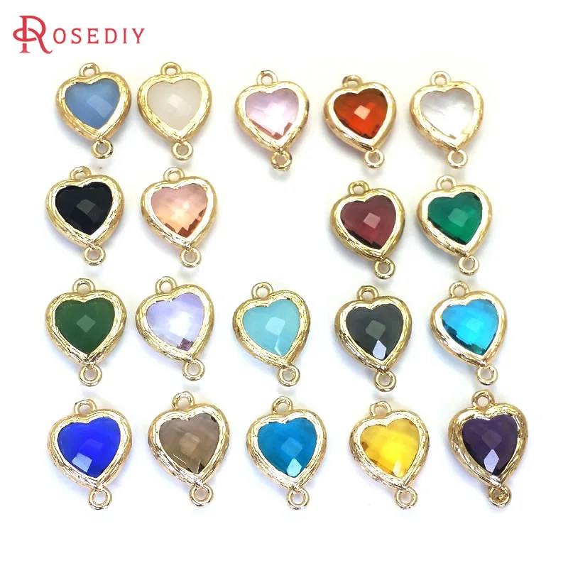 10PCS 15x10MM 16x11MM High Quality Champagne Gold Color Brass and Glass 2 Holes Heart Shape Connect Charms Pendants DIY Making