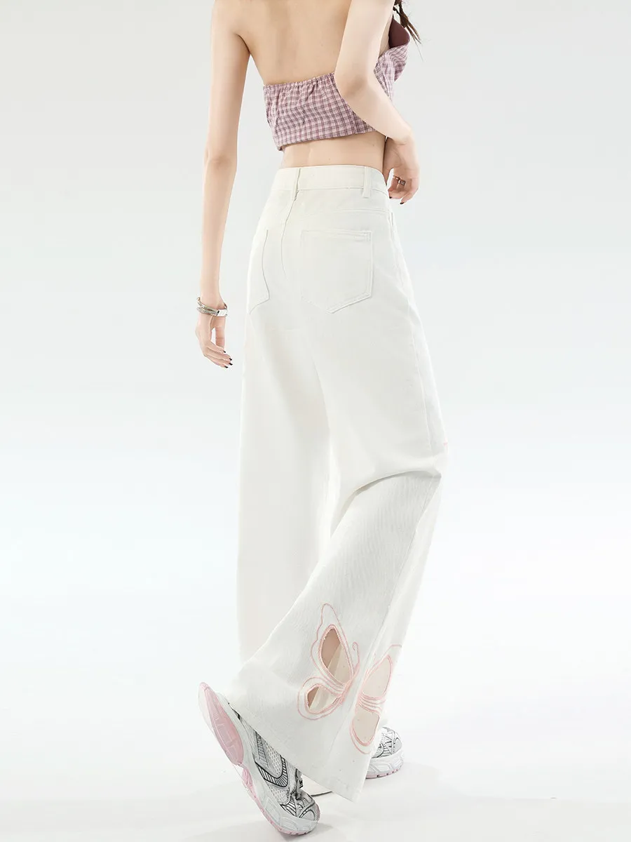 FINEWORDS Women White Butterfly Embroidery Wide Leg Jeans High Waist Baggy Denim Pants Loose Straight Y2K Streetwear Trousers
