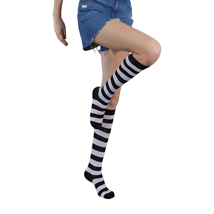 1 Paar kniehohe Damensocken, Oberschenkelsocken, niedlich, grün, weiß, rot, lila gestreift, sexy, schmal geschnittene, lange Röhrensocken – Detail 4