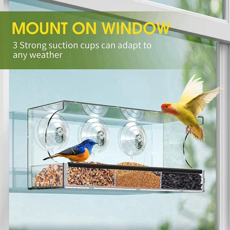 Window Bird Feeders With Strong Suction Cups, Clear Bird Feeder For Outside, Bird House With Lift-Up 3 Compartment Trays