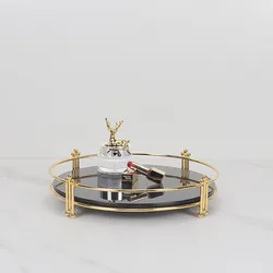 Creative Black Marble Pattern Mirror Tray Cosmetics Jewelry Storage Tray Metal Round Plate Dressing Table Living Room Decoration