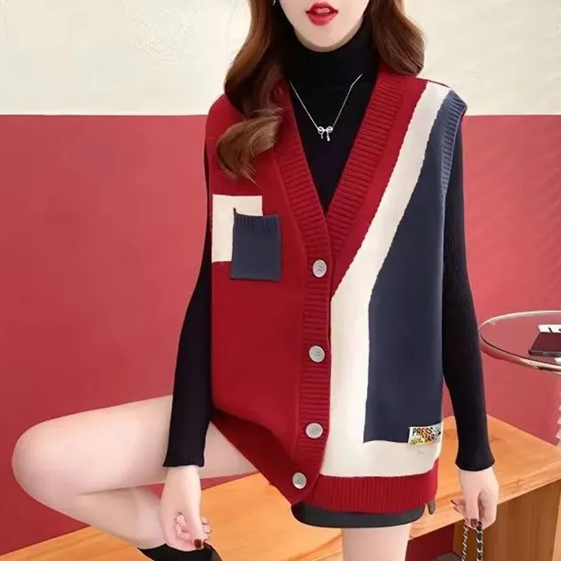 Autumn Winter V-neck Female Vest Korean Color Blocking Ladies Waistcoat New Sweater Women Sleeveless