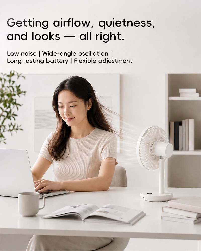 BLDC Oscillating Desktop Fan 4000mAh 5 Wind Speeds Silent Portable Rechargeable Fan with Timing Function for Home Room Gift