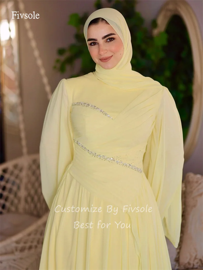 Fivsole イエロー ハイネック ビーズ A ライン プロムドレス シフォン 長袖 イード パーティー ドレス フロアレングス イブニング ドレス カスタマイズ