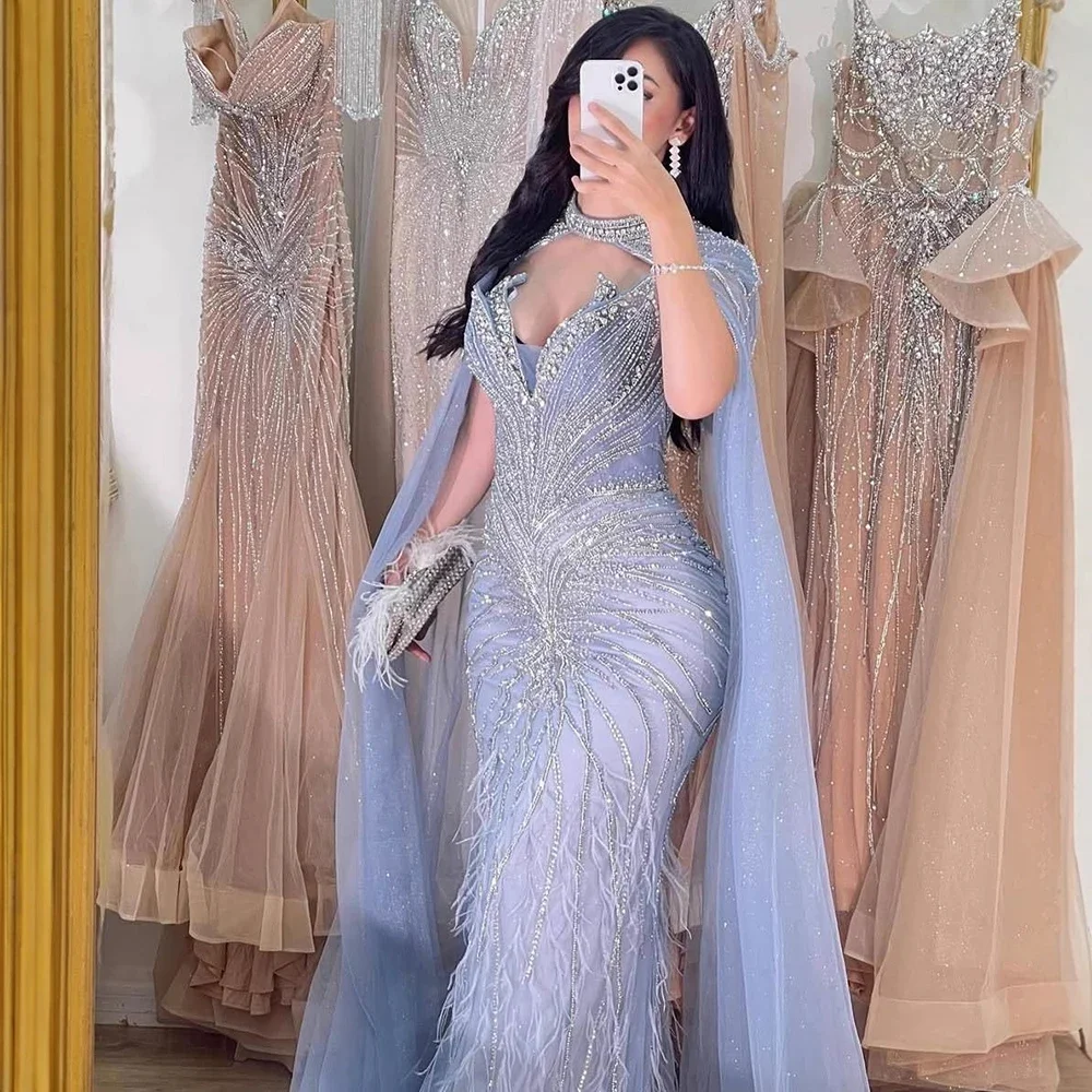 Arabia Customized Blue-Purple Caramel Beaded Feathers Evening Dresses With Detachable Cape Sleeves for Formal Occasion Mermaid