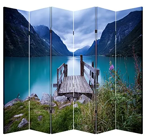6 Panels Privacy Sn Room Divider Partition with Lake Dock Canvas, Water Resistant for Living Room, Bathroom, Home
