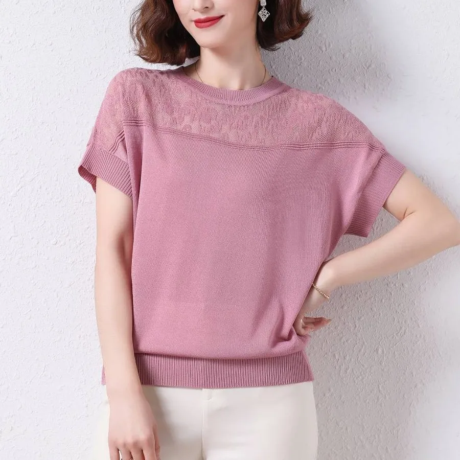 Summer Ice Silk Knitted ort Sve T-irt Women's Slim Fit Hollow out round Ne Top Ele Faion Thin Hollow Sve