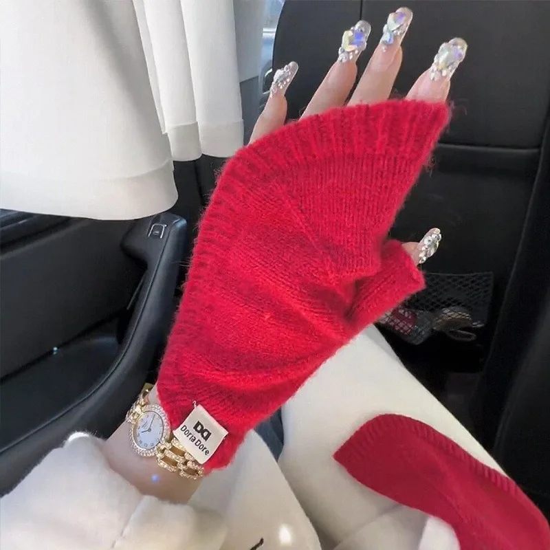 الكشمير أصابع قفازات النساء الشتاء الدافئة قذيفة محبوك قفازات أنيقة موضة تدفئة المعصم لمسة ناعمة نصف اصبع الفاخرة #4