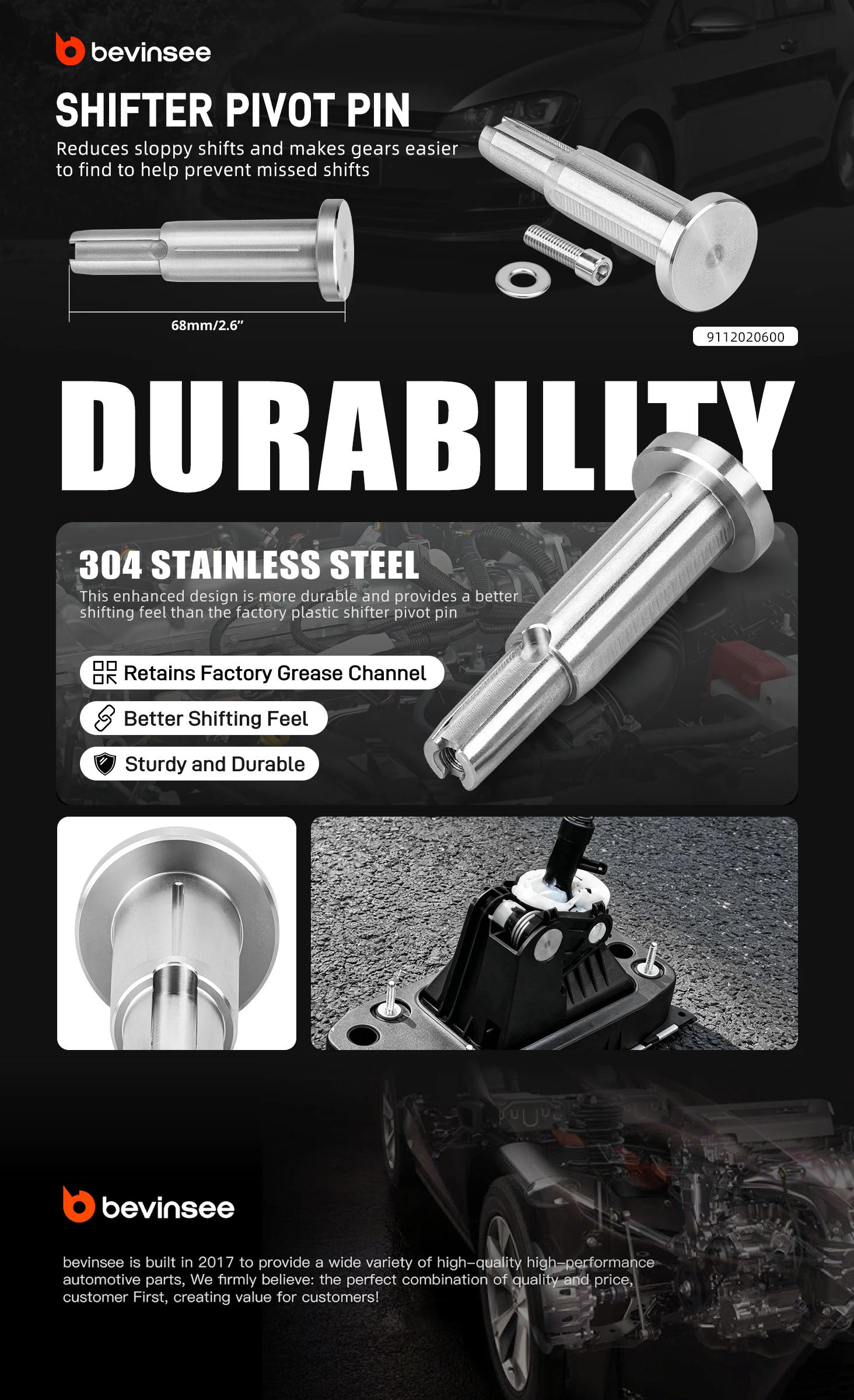 BEVINSEE Schalthebel-Drehzapfen aus Edelstahl für VW Golf MK7 MK7.5 MK8 Schaltgetriebe, Verbesserte Schalldynamik – Detail 1
