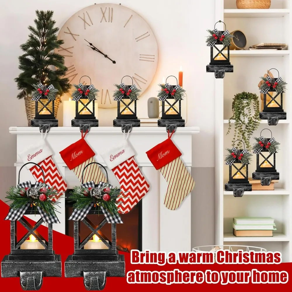 

8 Pcs Christmas Lantern Retro Xmas Hooks for Stockings Decorative Mantle Hooks Light up Stocking Holders for Mantle Christmas