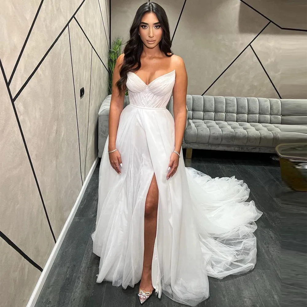 Elegant Women's Wedding Dresses Sexy Sleeveless Side Split Princess Prom Bridal Gowns Formal Beach Party Tulle Vestido De Novia