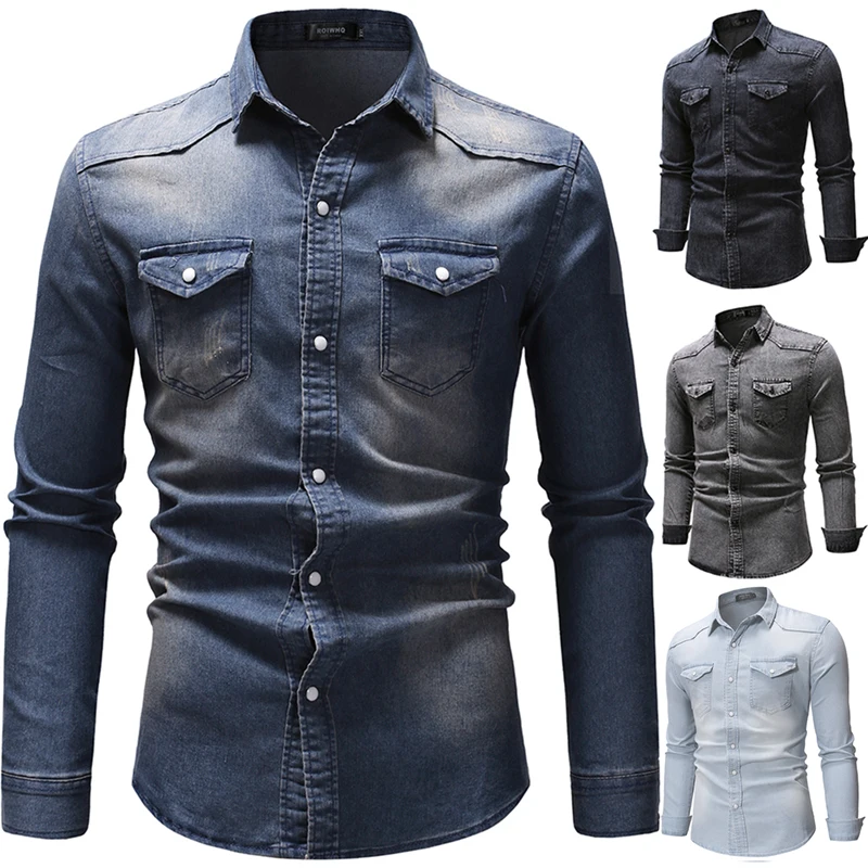 Men\'s Spring Autumn Casual Denim Shirts Solid Color Long Sleeve Lapel Denim Tops Button Shirts Fashion Clothes for Daily Wear