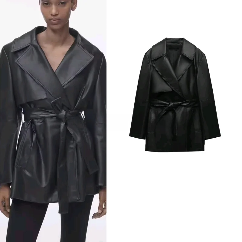 

Новая осенняя женская куртка-косуха из искусственной кожи с двойным рядом пуговиц, поясом, прямого кроя, с длинными рукавами, для повседневной носки