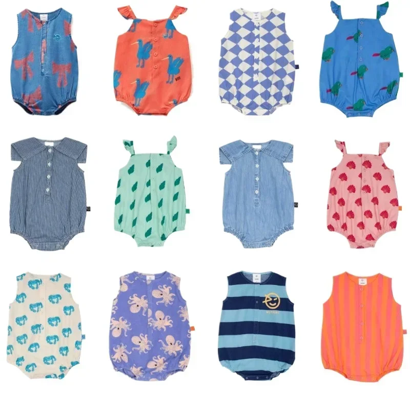 

OUYANG&IVAN SsWyn2025 Mid Blue Denim Sailor Collar Romper Floral Baby One-pieces for Babies Boy Girl Bodysuits