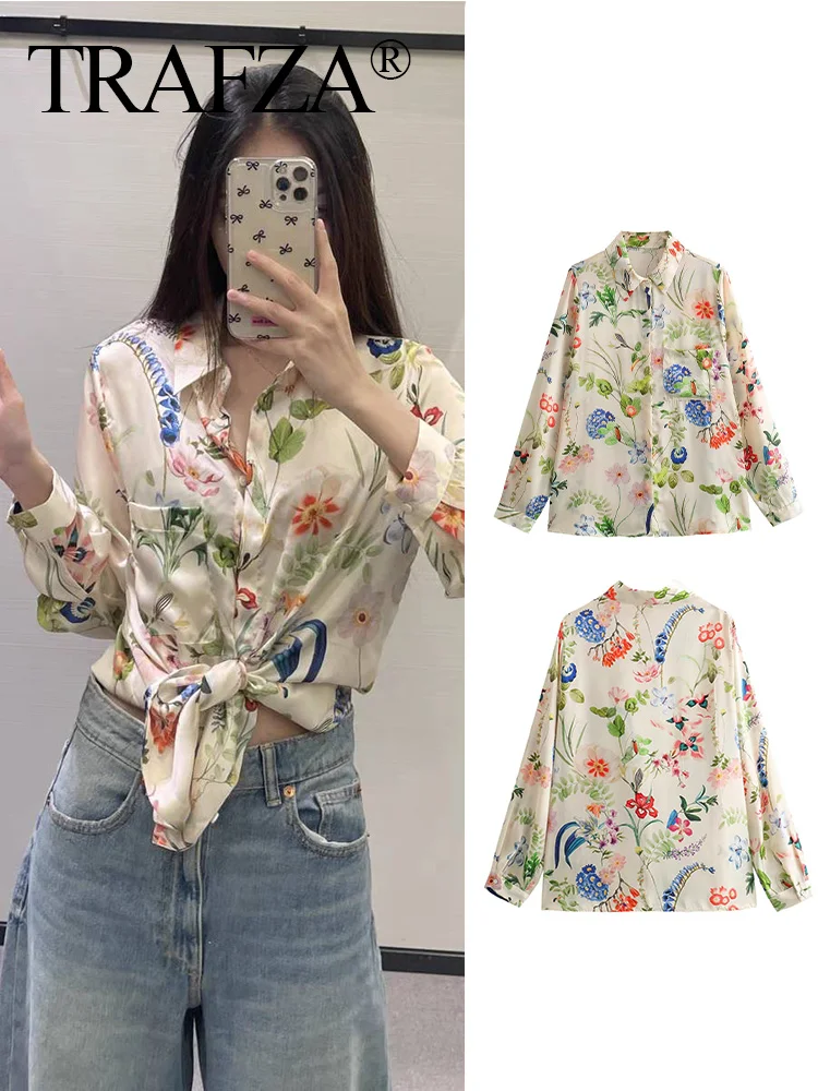 TRAFZA 2024 Women’s Leaf Floral Printed Blouses Button Pocket Long Sleeve Shirts  Women’s Summer Casual Loose Shirts Beach Style