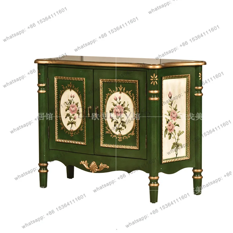 

American retro painted blue shoe cabinet entrance light luxury living room storage hand-painted multi-layer side cabinet